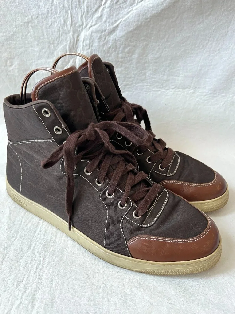 Gucci sneakers GG nylon brown leather 8.5 US 9 mens lace up high top shoes